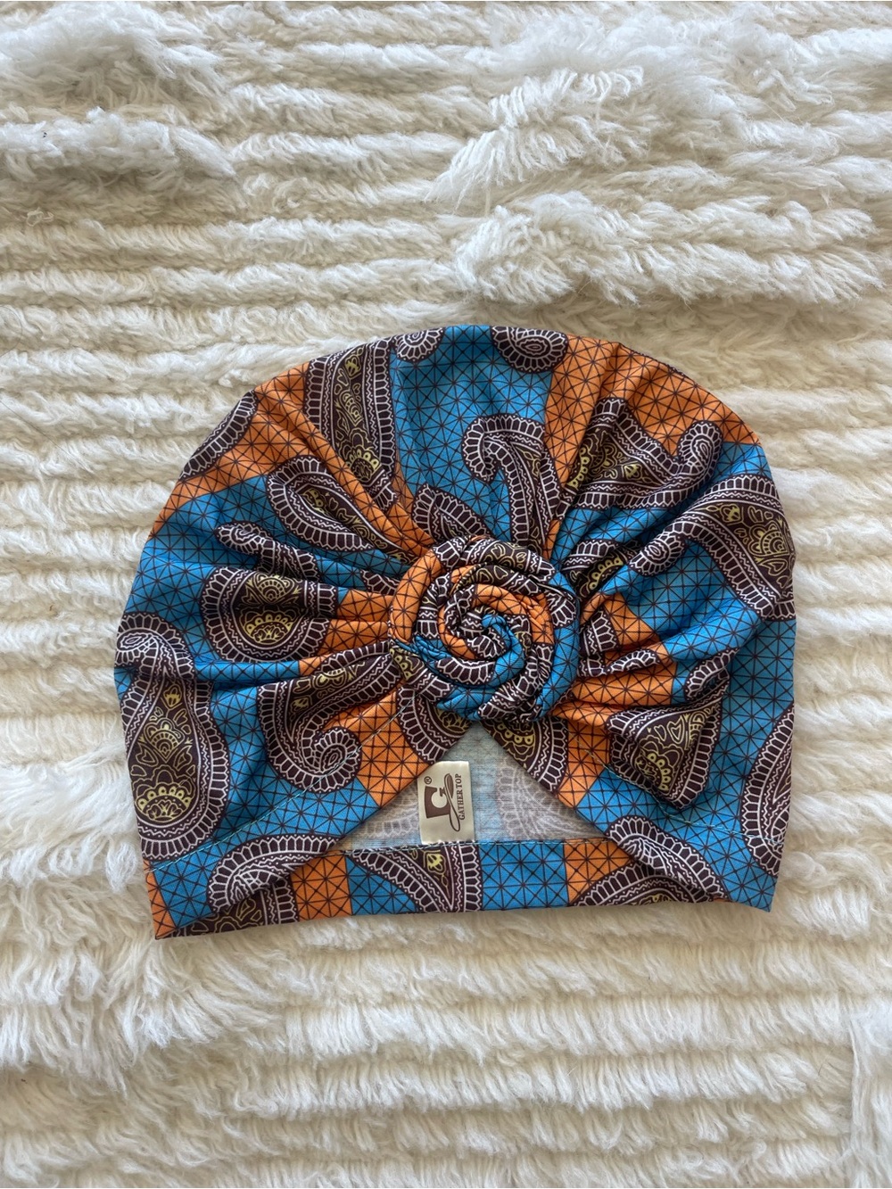 Turban Headwrap with Knot - Blue & Orange Paisley Print
